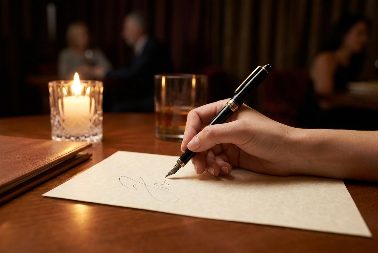 高級レストランの会計でサインを書く瞬間